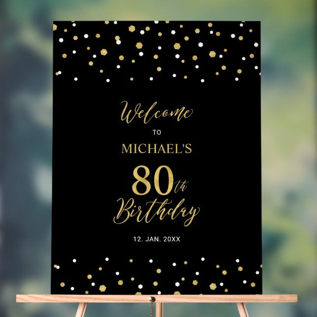 Gold & Black Confetti 80th Birthday Party Welcome Acrylic Sign (Neutral)