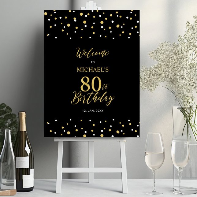 Gold & Black Confetti 80th Birthday Party Welcome Foam Board (Creator Uploaded)