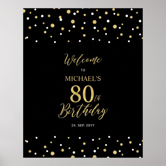 Gold & Black Confetti 80th Birthday Party Welcome Poster (Front)