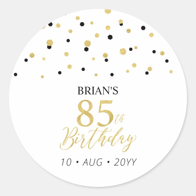 Gold & Black Confetti 85th Birthday Party Favor Classic Round Sticker (Front)