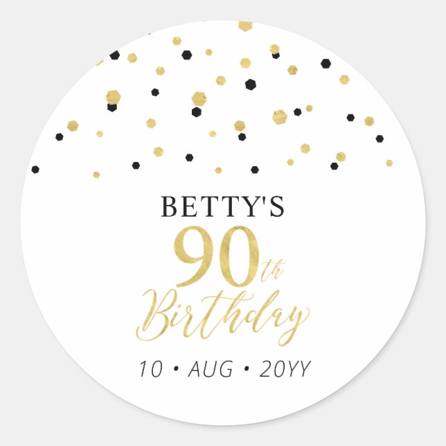 Gold & Black Confetti 90th Birthday Party Favor Classic Round Sticker (Front)