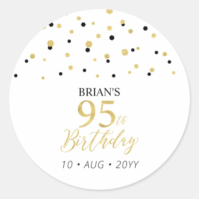 Gold & Black Confetti 95th Birthday Party Favor Classic Round Sticker (Front)