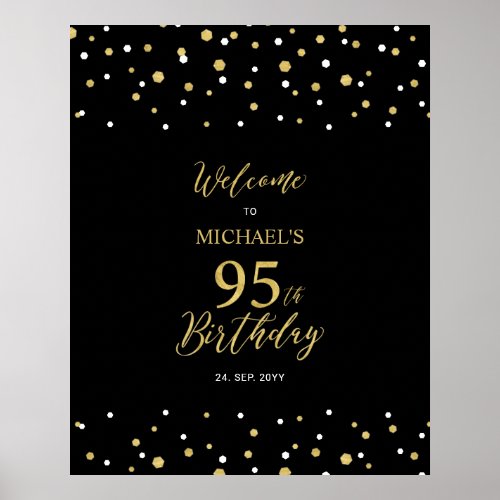 Gold  Black Confetti 95th Birthday Party Welcome Poster