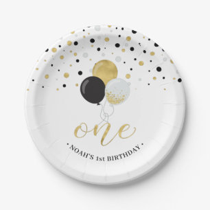 Gold & Black Confetti Balloons 1st Birthday Party Paper Plates
