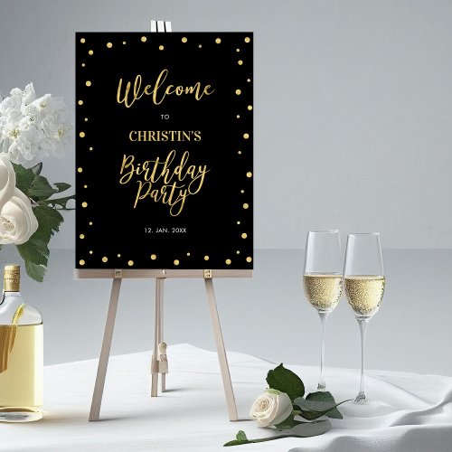 Gold  Black Confetti Birthday Party Welcome Sign