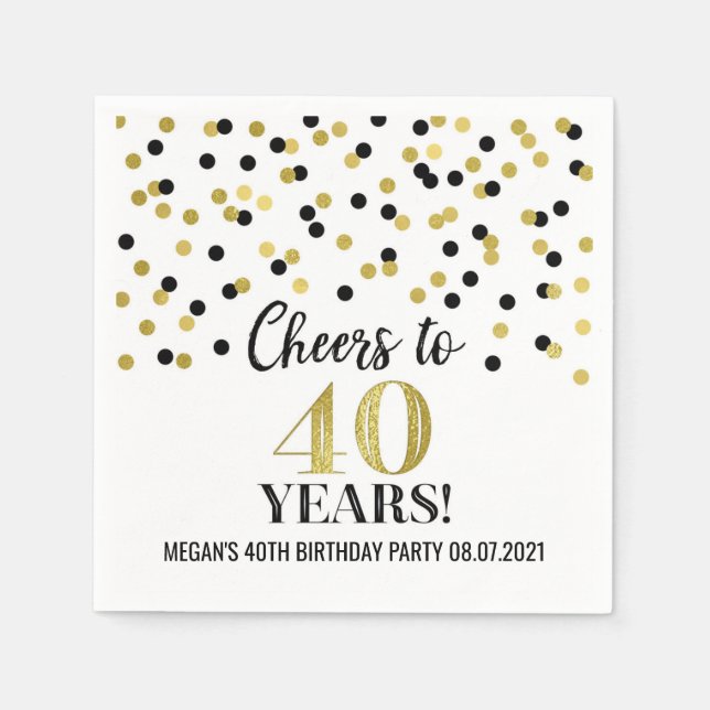 Gold Black Confetti Cheers to 40 Years Birthday Napkins (Front)