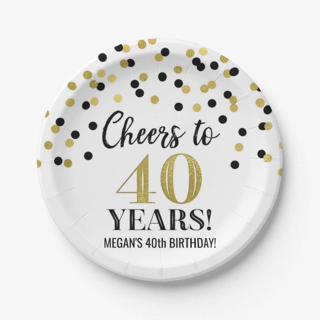 Gold Black Confetti Cheers to 40 Years Birthday Paper Plates (Front)