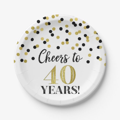 Gold Black Confetti Cheers to 40 Years Birthday Paper Plates