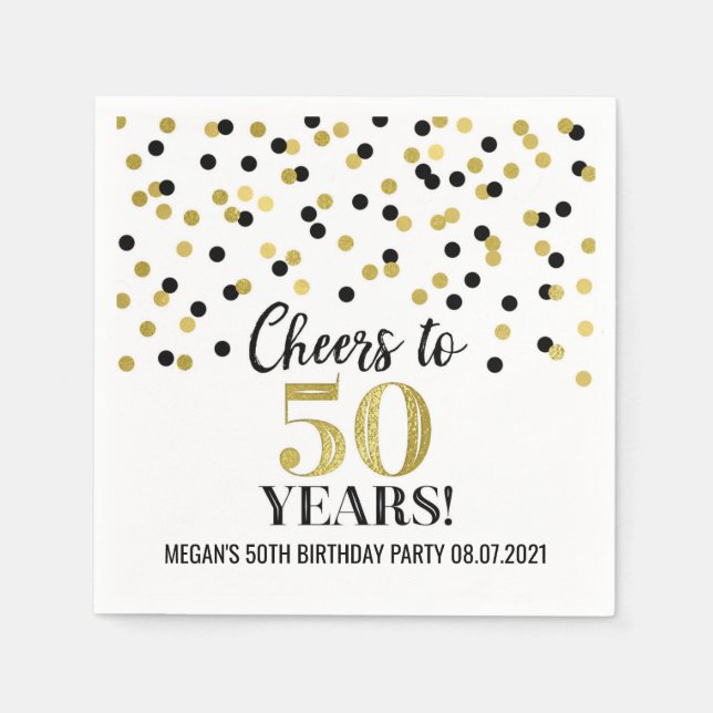 Gold Black Confetti Cheers to 50 Years Birthday Napkins (Front)