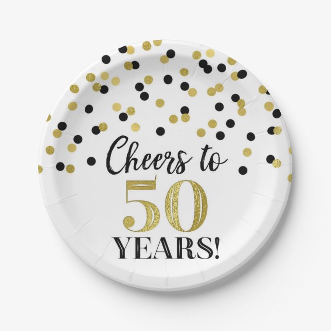 Gold Black Confetti Cheers to 50 Years Birthday Paper Plates (Front)
