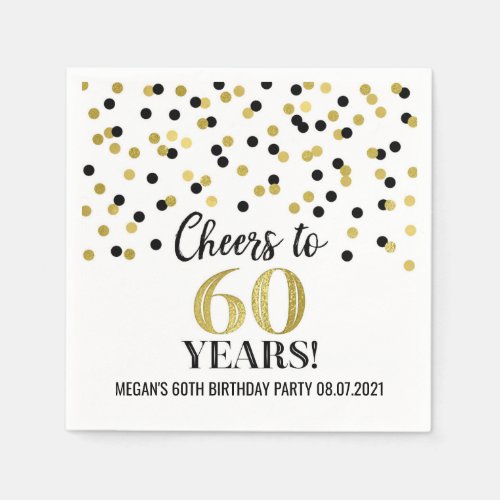 Gold Black Confetti Cheers to 60 Years Birthday Napkins