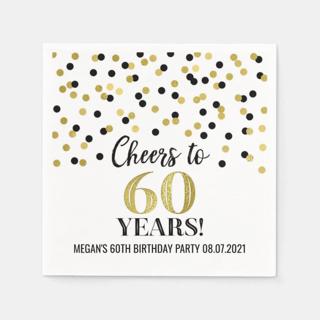 Gold Black Confetti Cheers to 60 Years Birthday Napkins (Front)
