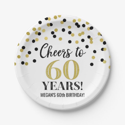 Gold Black Confetti Cheers to 60 Years Birthday Paper Plates