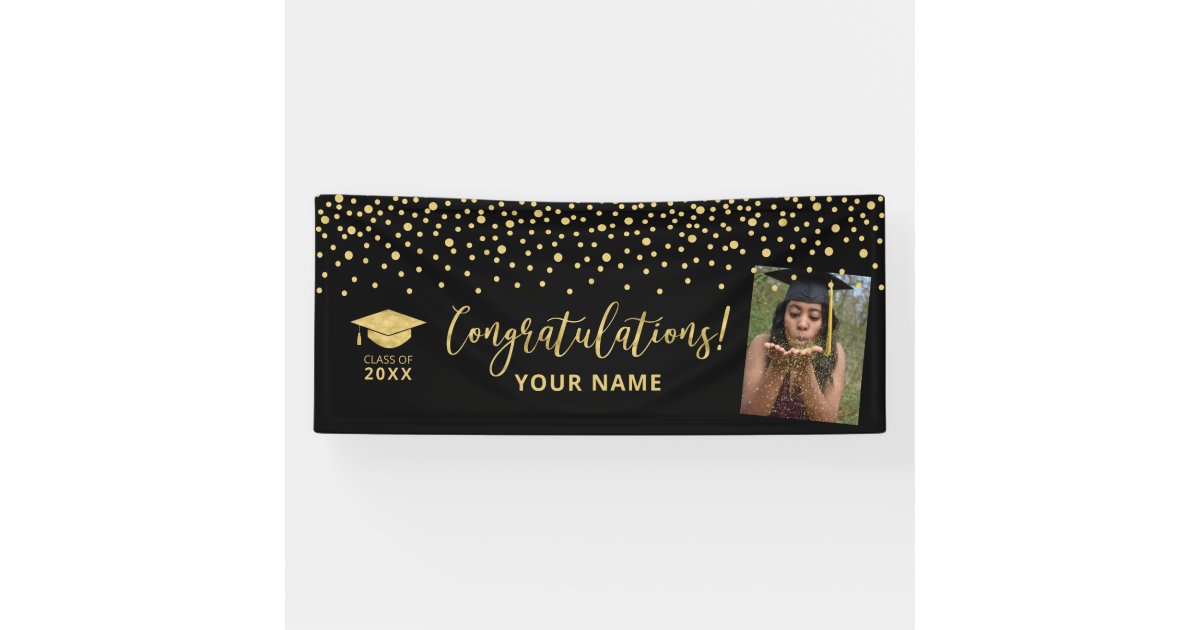 Gold & Black Confetti Congratulation Graduation Banner | Zazzle