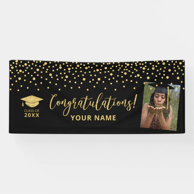 Gold & Black Confetti Congratulation Graduation Banner | Zazzle