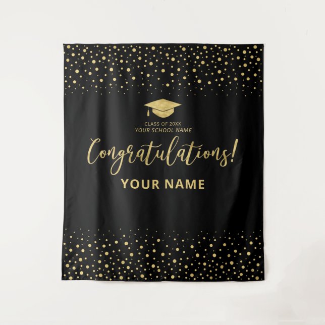 Gold & Black Confetti | Congratulation Graduation Tapestry (Front)