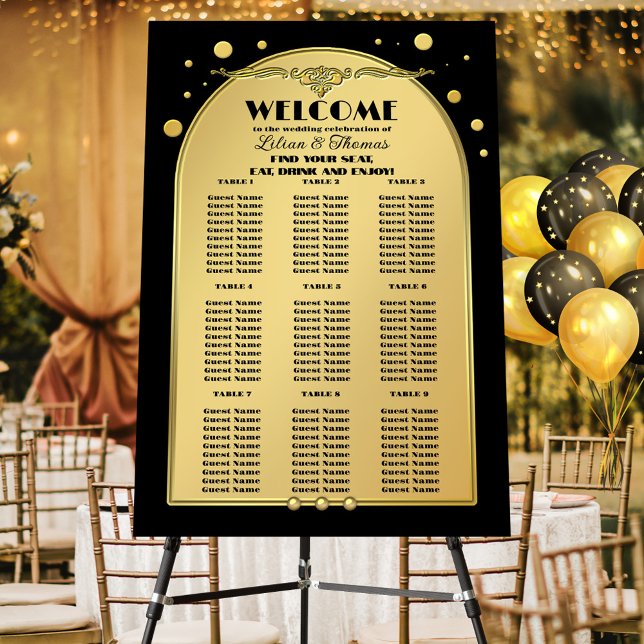 Gold Black Confetti Festive Wedding Foam Board (An art deco style wedding seating chart featuring a black and gold design with sparkling confetti)
