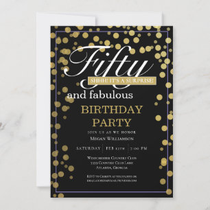 Gold Black Confetti Fifty and Fabulous Birthday Invitation