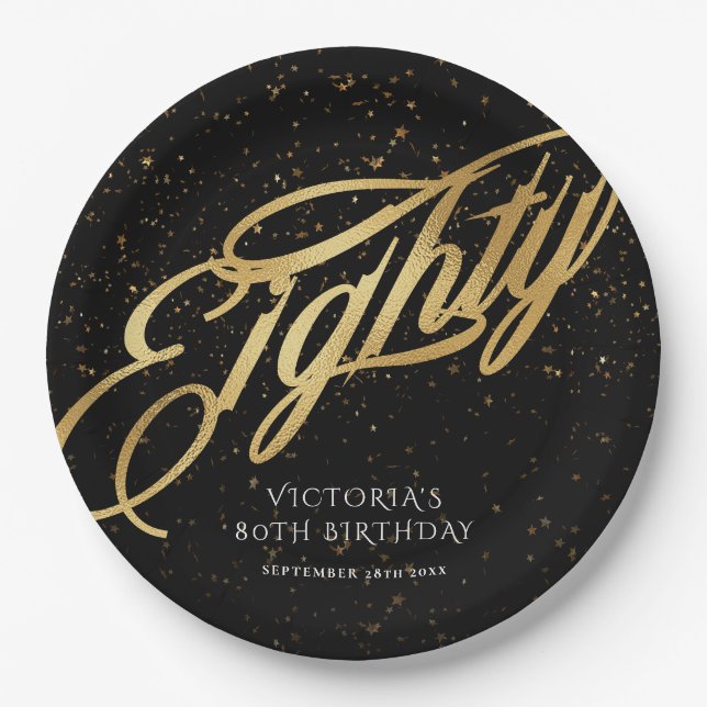 Gold Black Confetti Glitter Eighty 80th Birthday Paper Plates (Front)