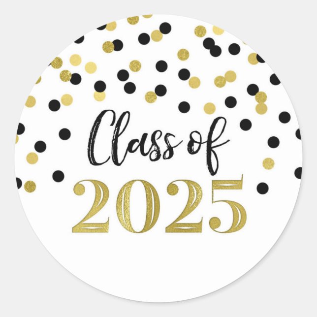 Gold Black Confetti Graduation 2025 Classic Round Sticker (Front)