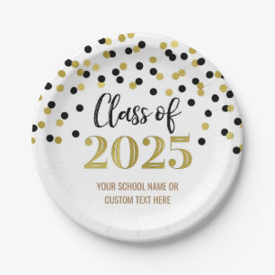 Gold Black Confetti Graduation 2025 Paper Plates