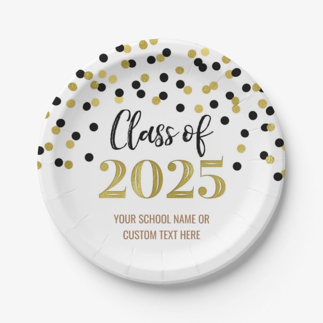 Gold Black Confetti Graduation 2025 Paper Plates (Front)