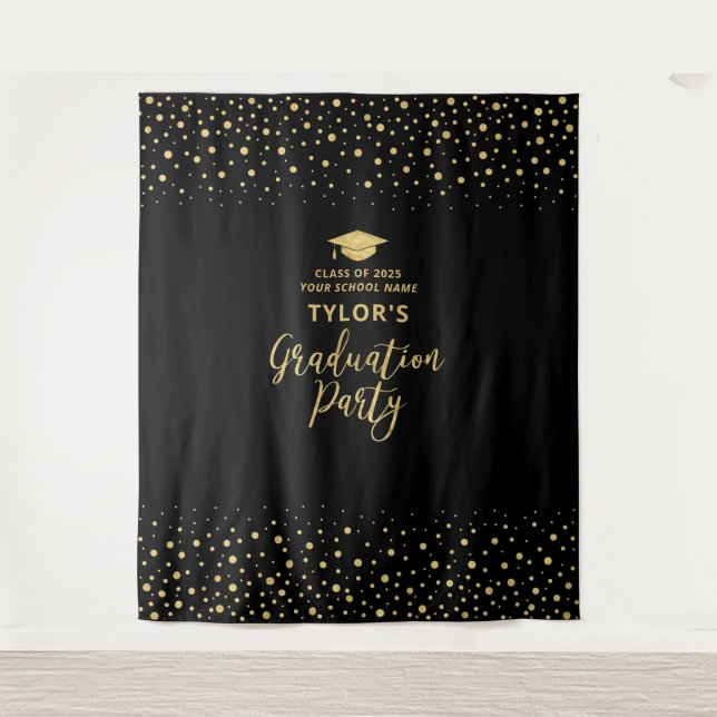 Gold & Black Confetti | Graduation Party Backdrop (Front)