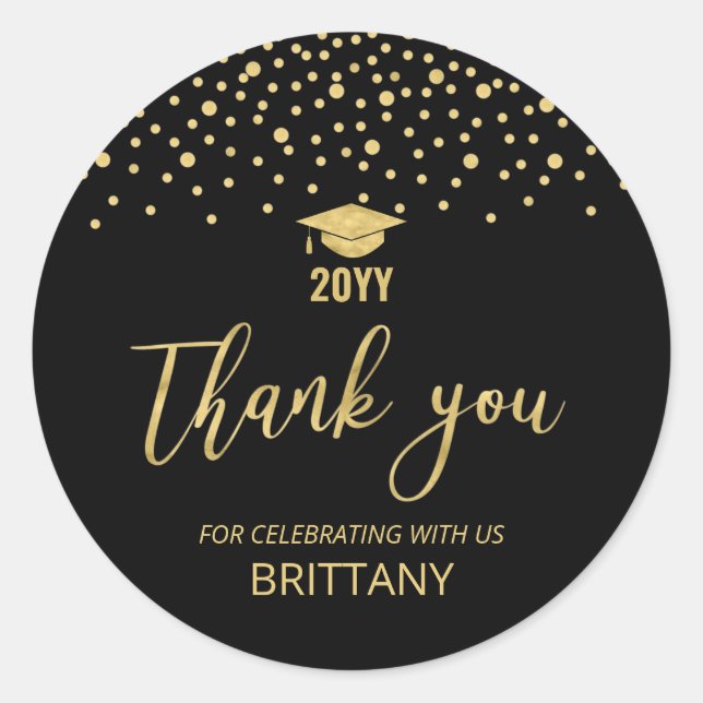 Gold & Black Confetti Graduation Party Favor Classic Round Sticker (Front)