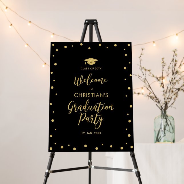 Gold & Black Confetti Graduation Party Welcome Foam Board (In Situ (Stand))