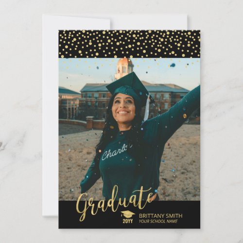 Gold  Black Confetti Graduation Photo Announcement