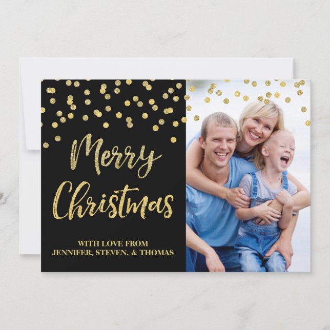 Gold Black Confetti Merry Christmas Photo Card (Front)