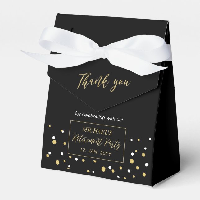Gold & Black Confetti Modern Retirement Party Favor Boxes (Front Side)
