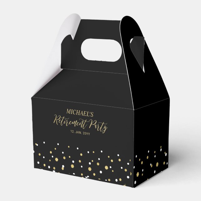 Gold & Black Confetti Modern Retirement Party Favor Boxes (Front Side)