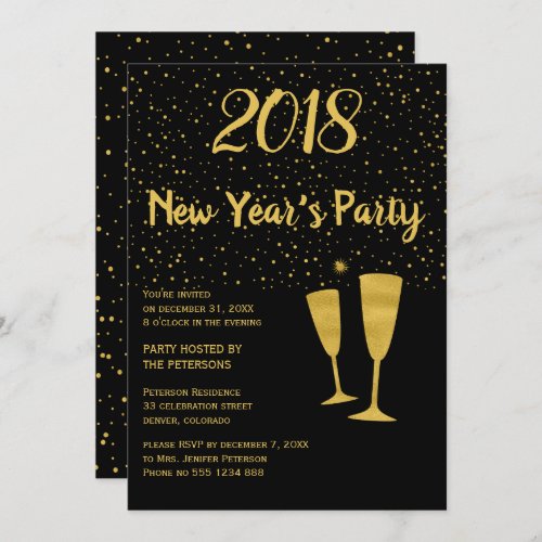 Gold black confetti New Years celebration invite