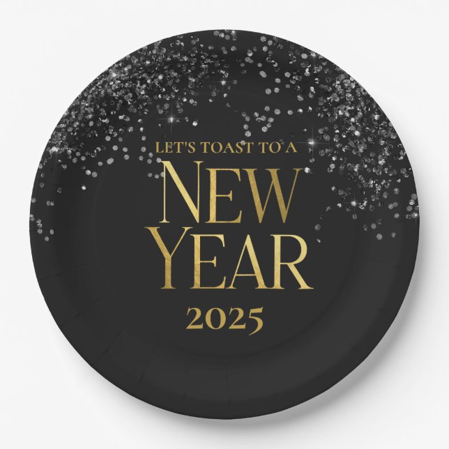 Gold Black Confetti New Year's Eve Party Paper Plates (Front)