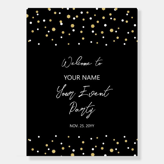 Gold & Black Confetti Party Event Welcome Foam Board (Front)