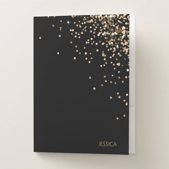 Gold black Confetti Personalized Pocket Folder (Front)