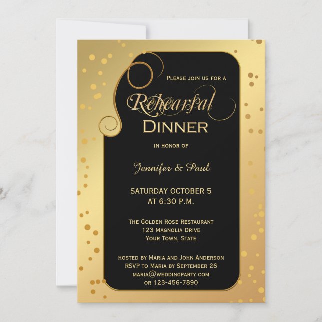 Gold Black Confetti Rehearsal Dinner Invitation (Front)