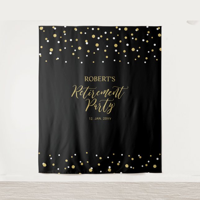 Gold & Black Confetti Retirement Party Backdrop (Front)