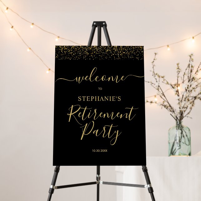 Gold & Black Confetti Retirement Party Welcome Foam Board (In Situ (Stand))