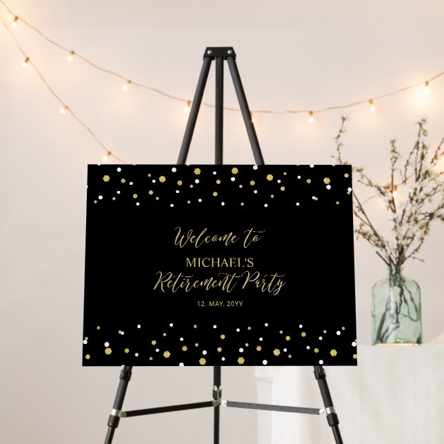 Gold & Black Confetti Retirement Party Welcome Foam Board (In Situ (Stand))