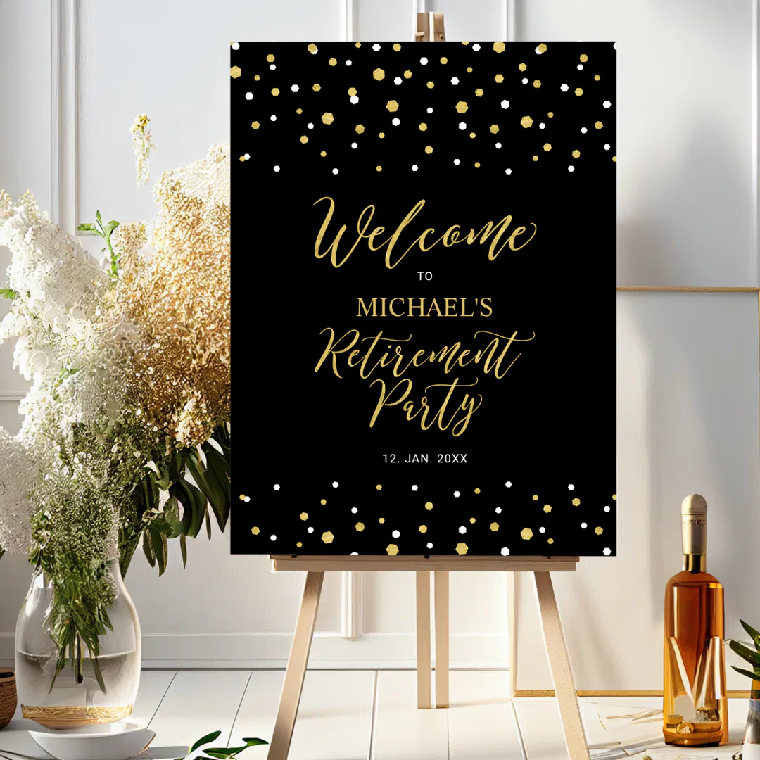 Gold & Black Confetti Retirement Party Welcome Foam Board (Creator Uploaded)