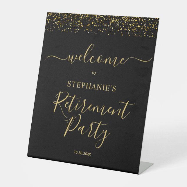 Gold & Black Confetti Retirement Party Welcome Pedestal Sign (Front)