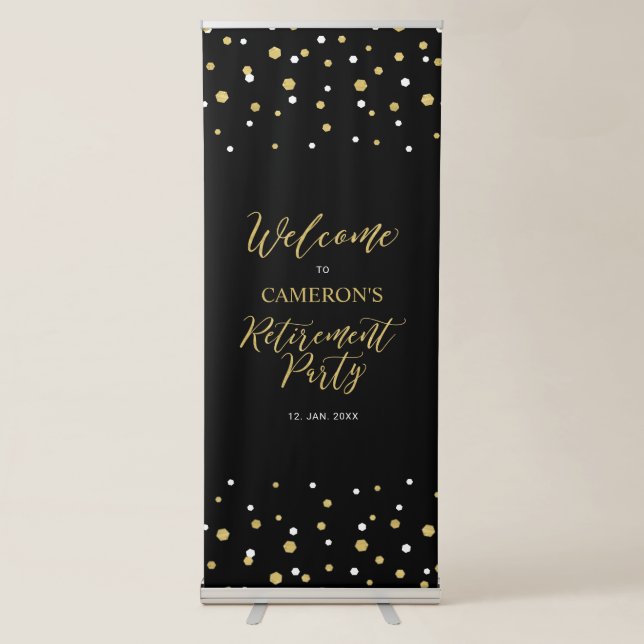 Gold & Black Confetti Retirement Party Welcome Ret Retractable Banner (Front)
