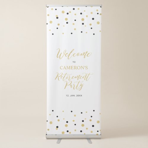 Gold  Black Confetti Retirement Party Welcome Retractable Banner