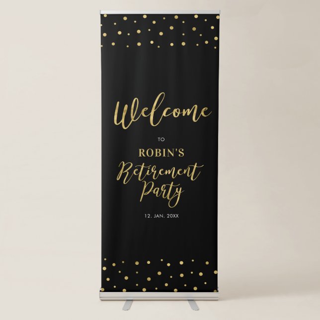 Gold & Black Confetti Retirement Party Welcome Retractable Banner (Front)