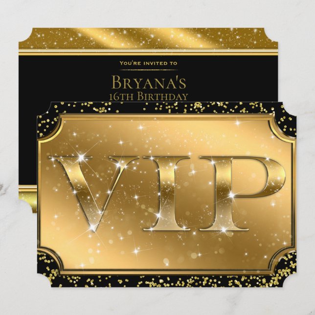 Gold Black Confetti Sparkle Glam VIP Party Ticket Invitation (Front/Back)