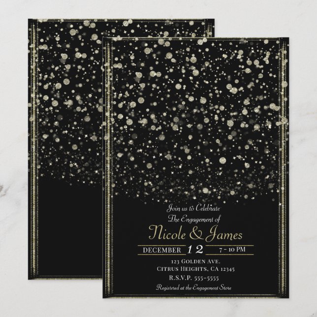 Gold & Black Confetti Splatter Engagement Party Invitation (Front/Back)