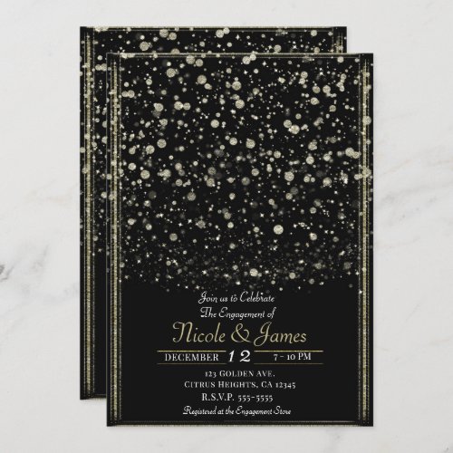 Gold  Black Confetti Splatter Engagement Party Invitation