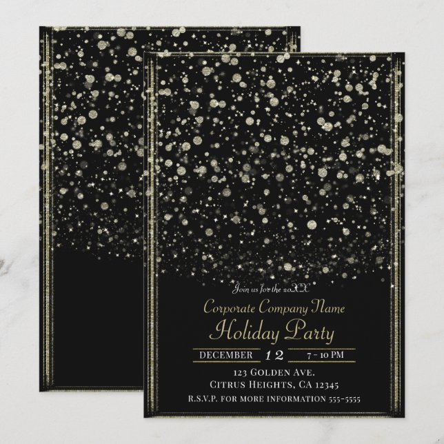 Gold & Black Confetti Splatter Holiday Party Invitation (Front/Back)